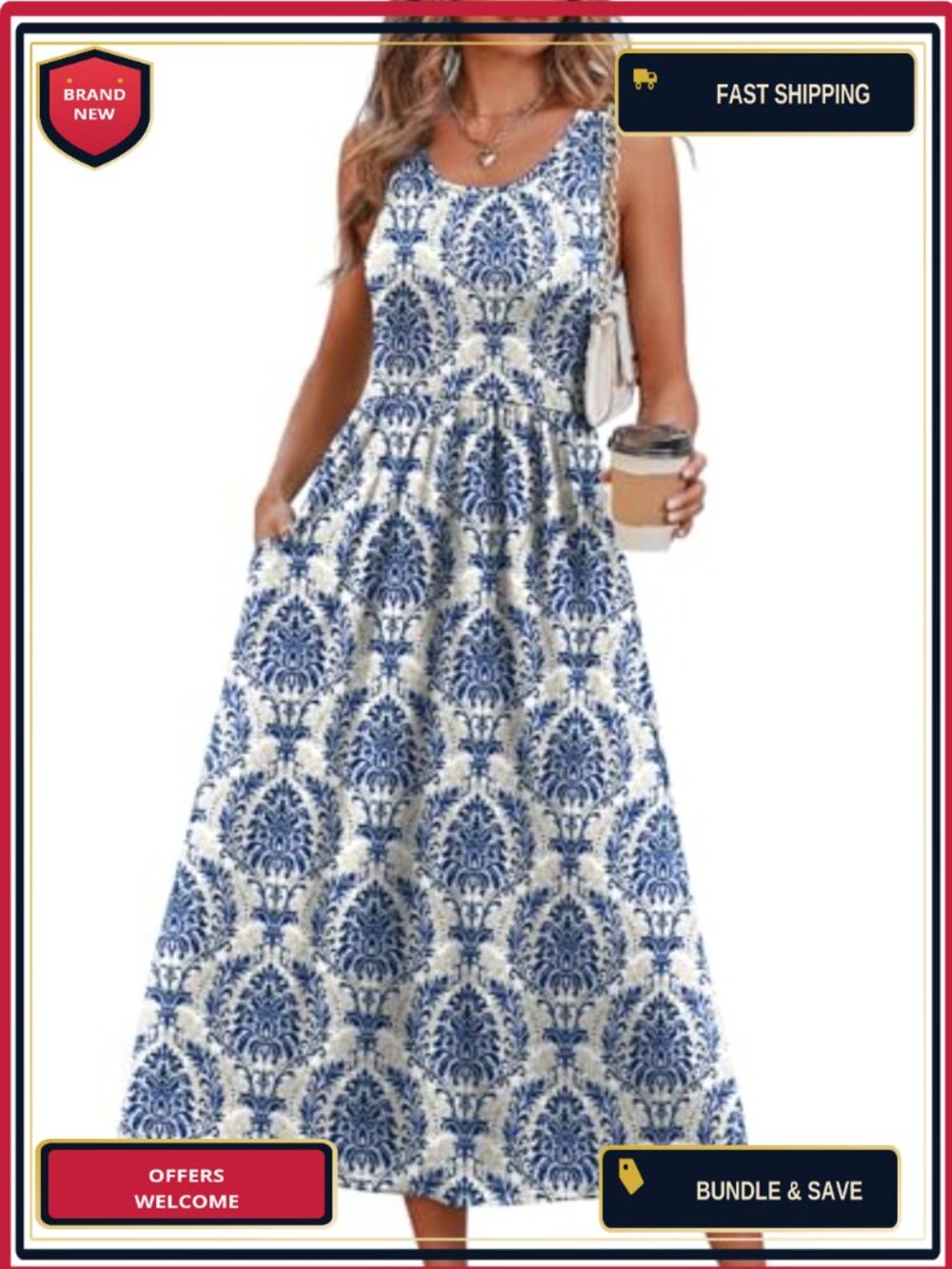 Flowy A-Line Midi Dress with Pockets Sleeveless Scoop Neck Empire Waist Cute
